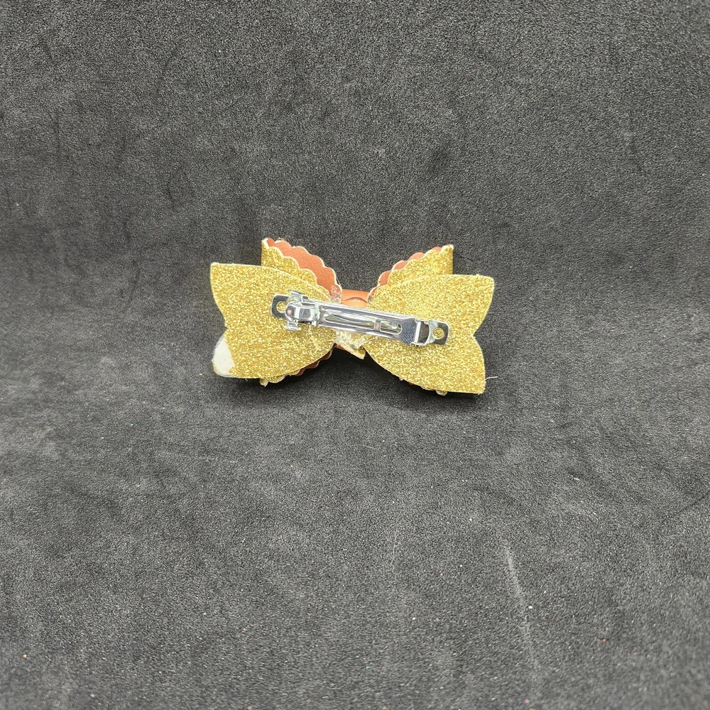 Hand Crafted Gold and Brown Glitter Bow Faux Leather